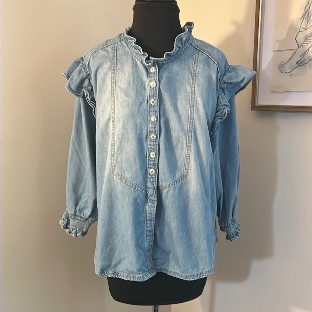 We The Free Light Blue Ruffle Denim Blouse
